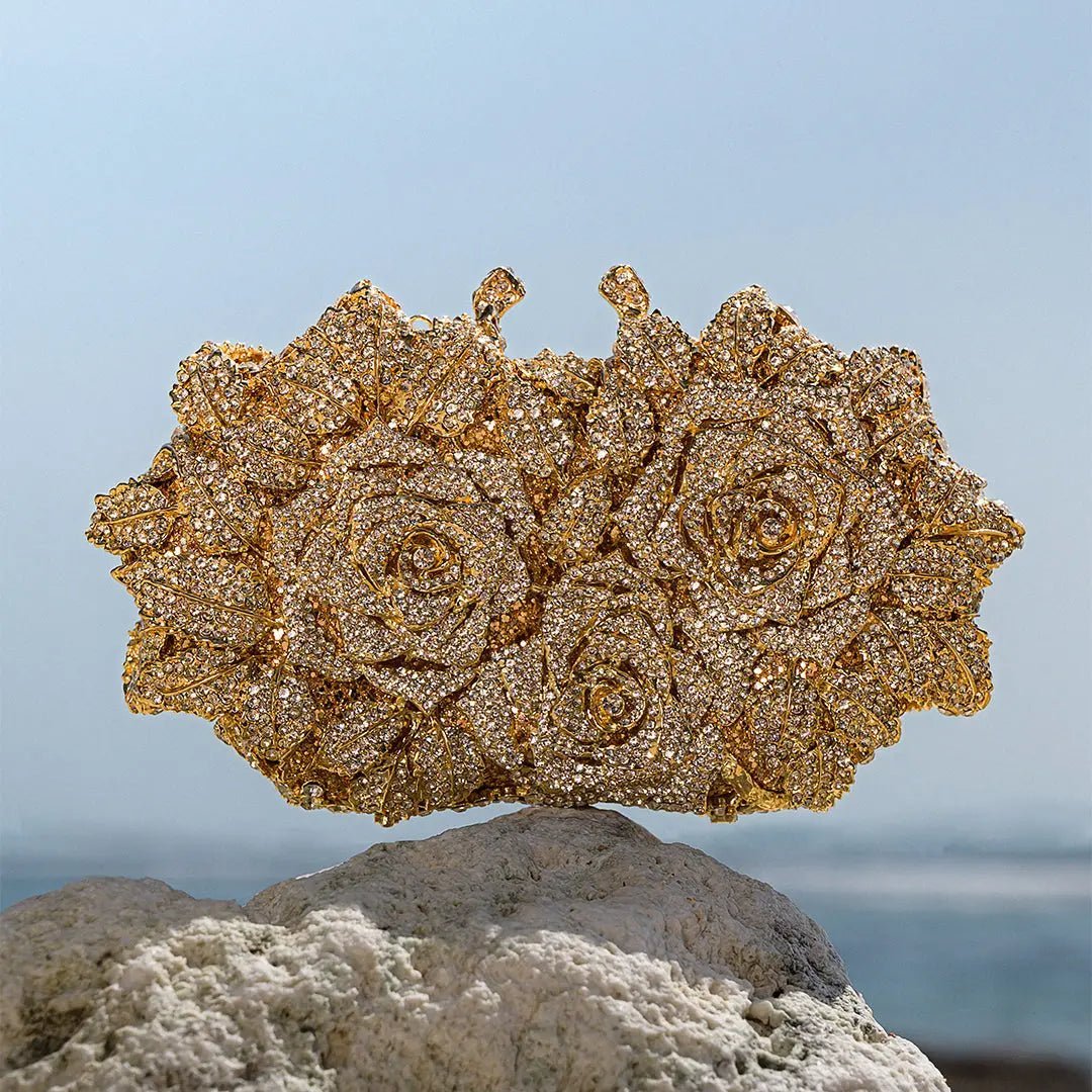 Lioris | Gold Rose Crystal Evening Clutch – Luxurious Bloom - in Gold | Arvea Bags