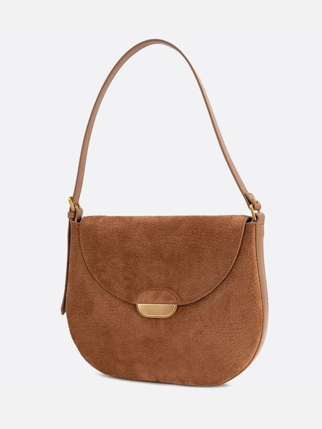 Lise | Chic Brown Suede Effect Shoulder Bag – Elegant Hobo Style with Gold Hardware - in Camel | Arvea Bags