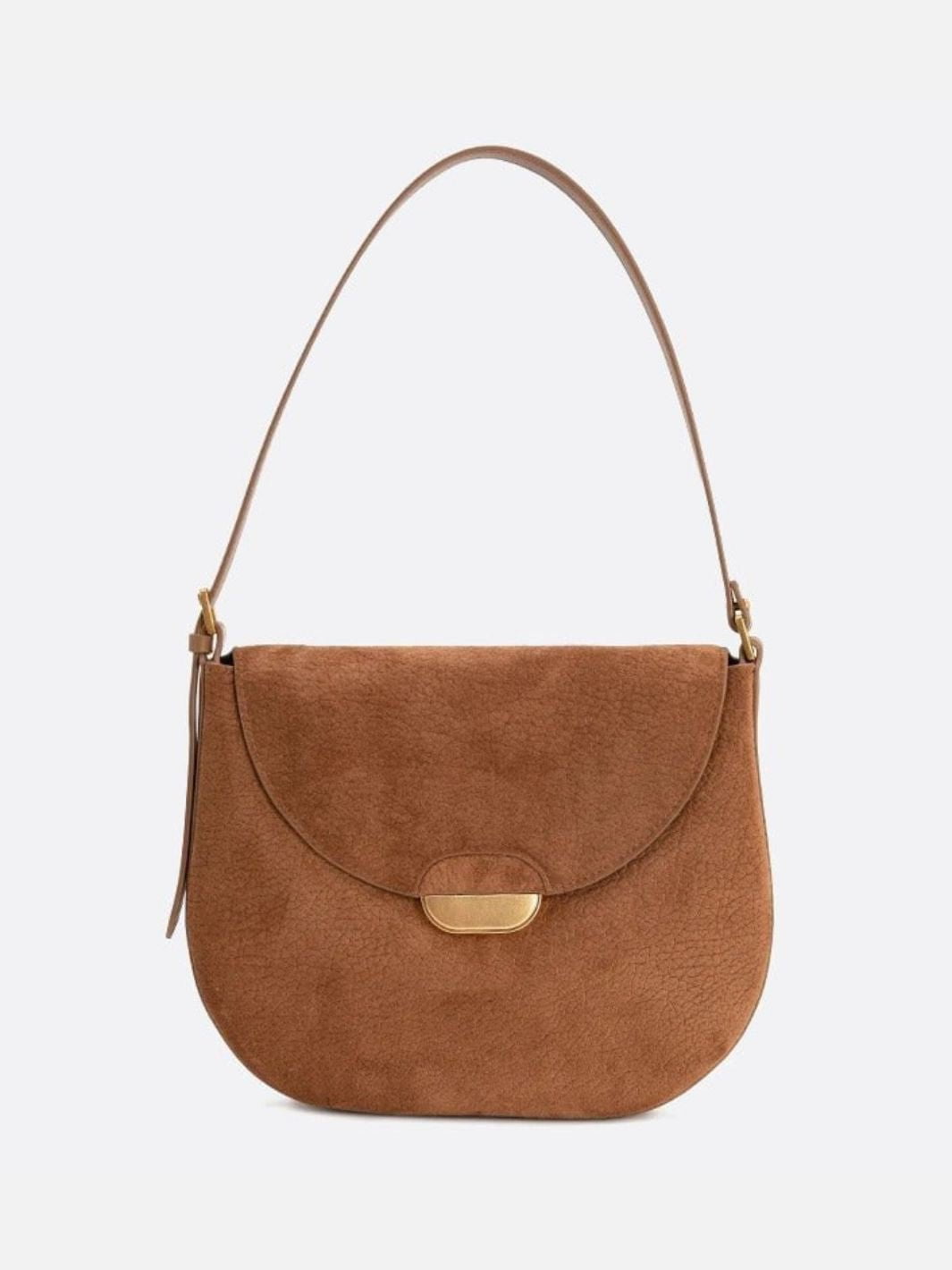 Lise | Chic Brown Suede Effect Shoulder Bag – Elegant Hobo Style with Gold Hardware - in Camel | Arvea Bags