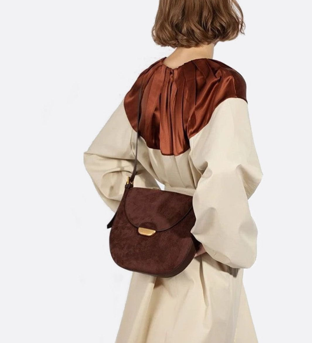 Lise | Chic Brown Suede Effect Shoulder Bag – Elegant Hobo Style with Gold Hardware - in Classic Brown | Arvea Bags