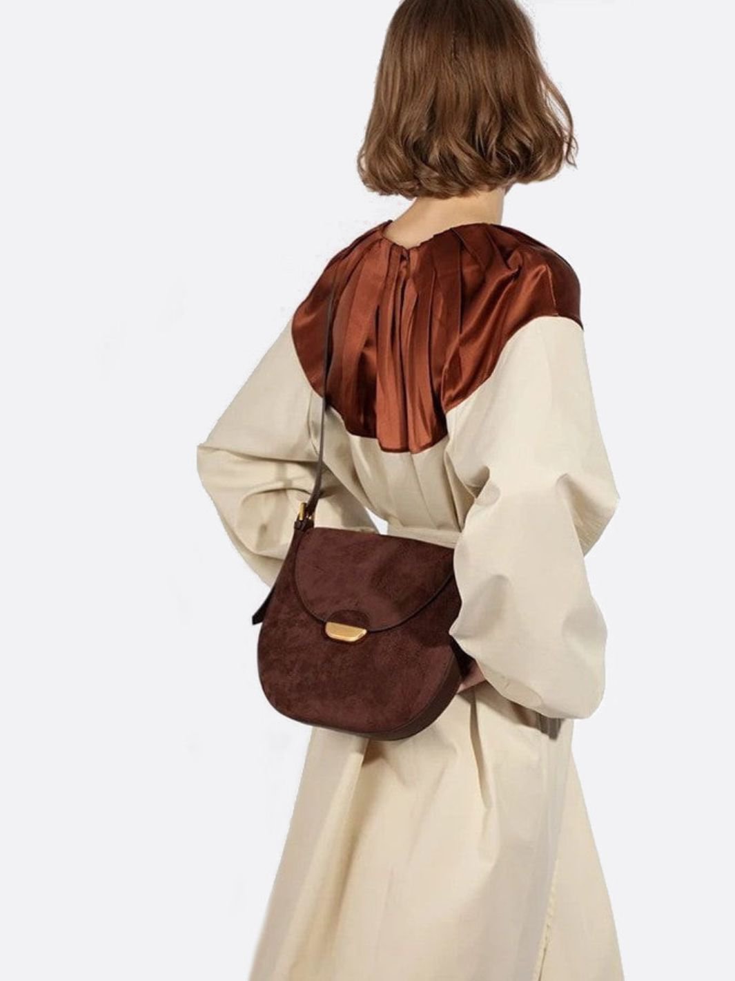Lise | Chic Brown Suede Effect Shoulder Bag – Elegant Hobo Style with Gold Hardware - in Classic Brown | Arvea Bags