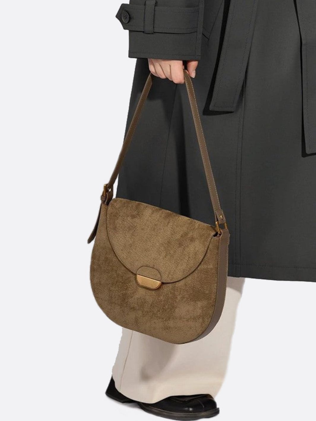 Lise | Chic Brown Suede Effect Shoulder Bag – Elegant Hobo Style with Gold Hardware - in Green | Arvea Bags