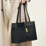 Livia | Elegant Black Leather Tote Bag for Women – Large Shoulder Bag with Gold Lock - in Black | Arvea Bags
