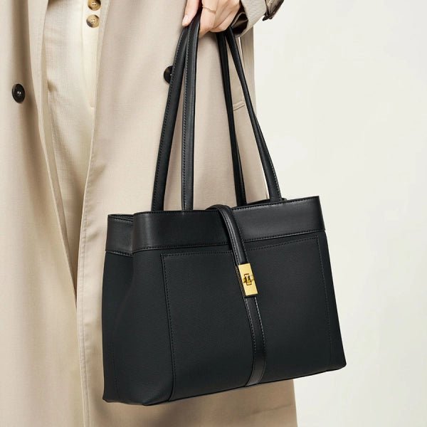 Livia | Elegant Black Leather Tote Bag for Women – Large Shoulder Bag with Gold Lock - in Black | Arvea Bags