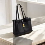 Livia | Elegant Black Leather Tote Bag for Women – Large Shoulder Bag with Gold Lock - in Black | Arvea Bags