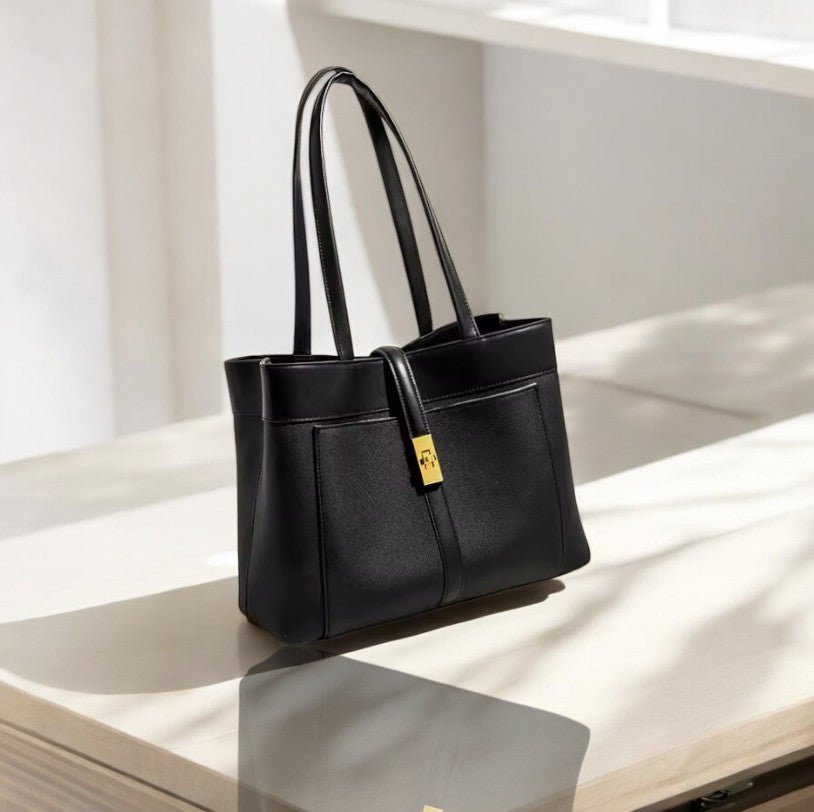 Livia | Elegant Black Leather Tote Bag for Women – Large Shoulder Bag with Gold Lock - in Black | Arvea Bags