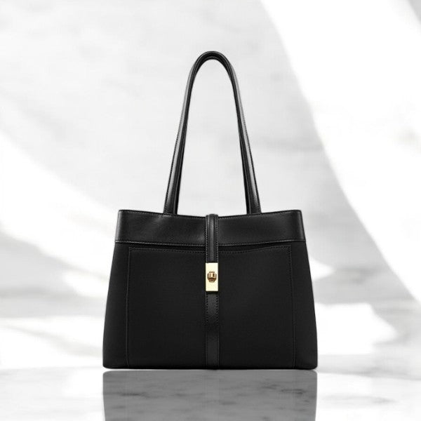 Livia | Elegant Black Leather Tote Bag for Women – Large Shoulder Bag with Gold Lock - in Black | Arvea Bags