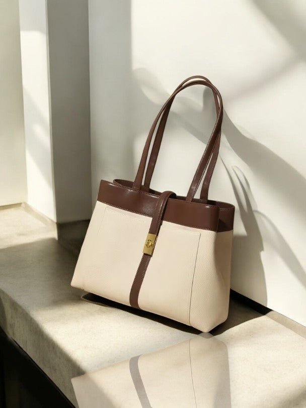 Livia | Elegant Black Leather Tote Bag for Women – Large Shoulder Bag with Gold Lock - in Off - White | Arvea Bags