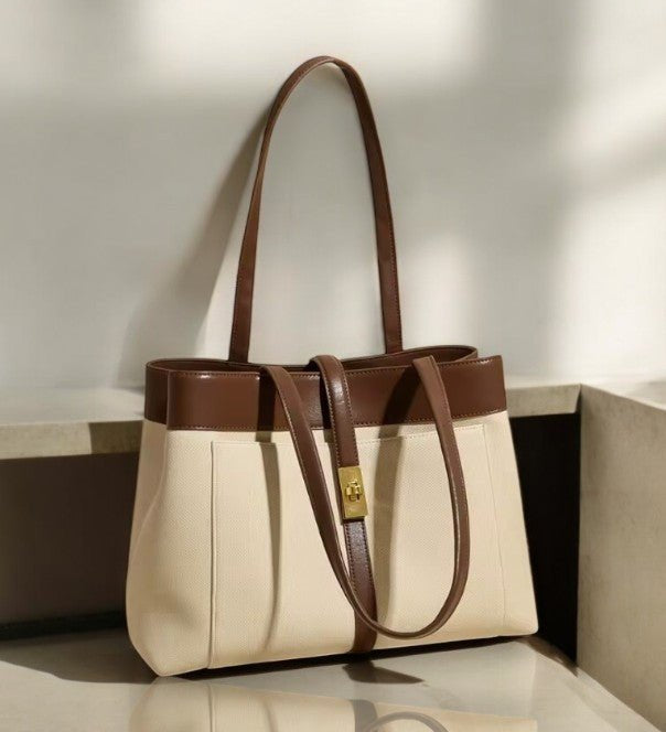 Livia | Elegant Black Leather Tote Bag for Women – Large Shoulder Bag with Gold Lock - in Off - White | Arvea Bags