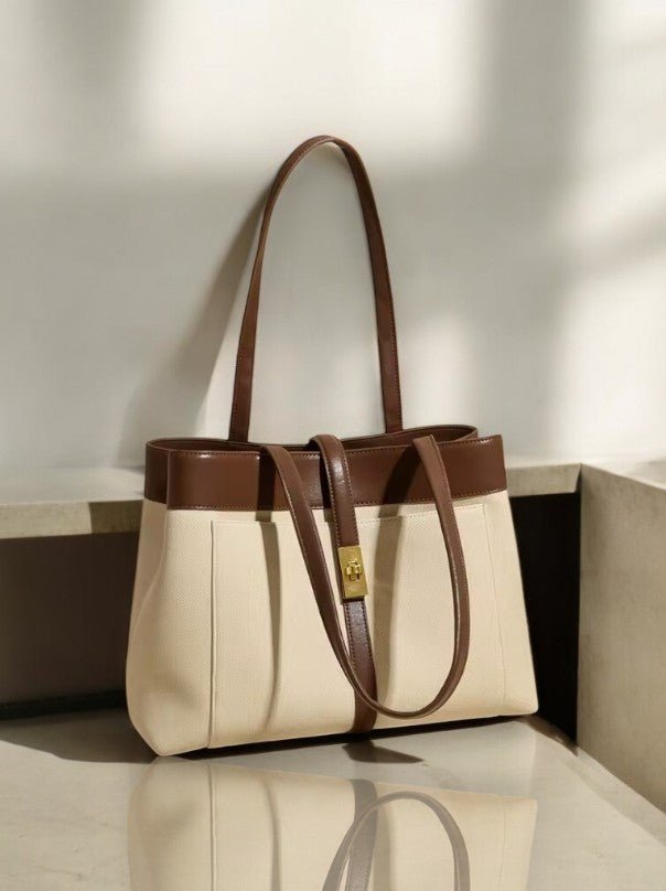Livia | Elegant Black Leather Tote Bag for Women – Large Shoulder Bag with Gold Lock - in Off - White | Arvea Bags