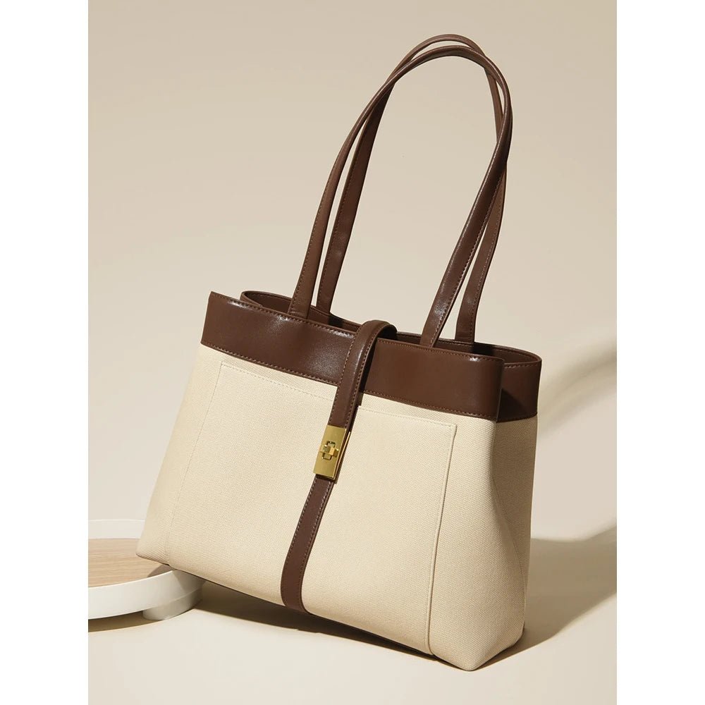 Livia | Elegant Black Leather Tote Bag for Women – Large Shoulder Bag with Gold Lock - in Off - White | Arvea Bags