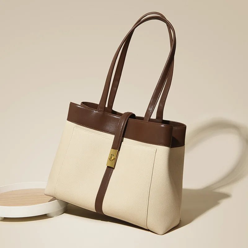 Livia | Elegant Black Leather Tote Bag for Women – Large Shoulder Bag with Gold Lock - in Off - White | Arvea Bags