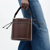 Lou | Brown Vegan Leather Bucket Bag with Drawstring Closure - in Deep Brown | Arvea Bags