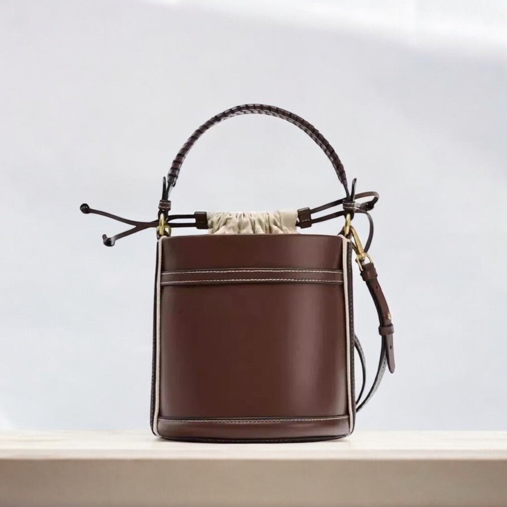 Lou | Brown Vegan Leather Bucket Bag with Drawstring Closure - in Deep Brown | Arvea Bags