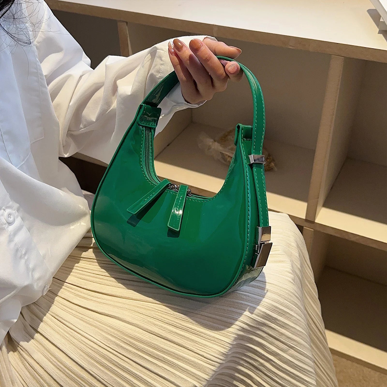 Lumi | Patent Leather Mini Hobo Bag – Glossy Finish & Curved Silhouette - in Green | Arvea Bags