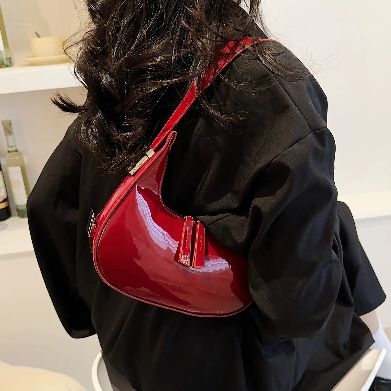 Lumi | Patent Leather Mini Hobo Bag – Glossy Finish & Curved Silhouette - in Red | Arvea Bags
