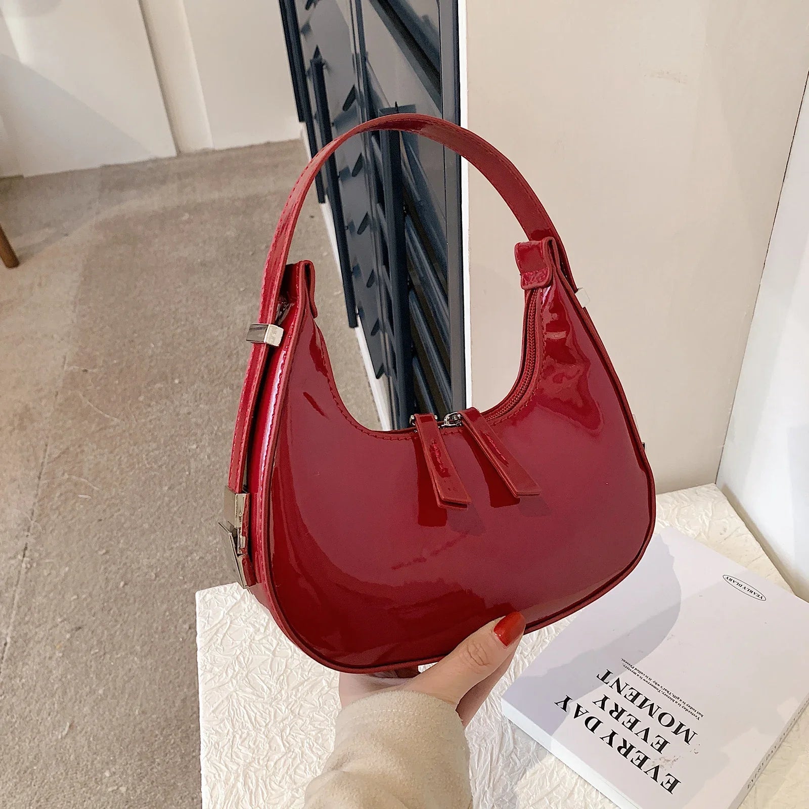 Lumi | Patent Leather Mini Hobo Bag – Glossy Finish & Curved Silhouette - in Red | Arvea Bags