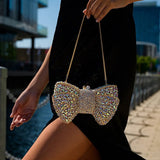 Lumière | Iridescent Crystal Bow Evening Clutch – Radiant Elegance - in Gold | Arvea Bags