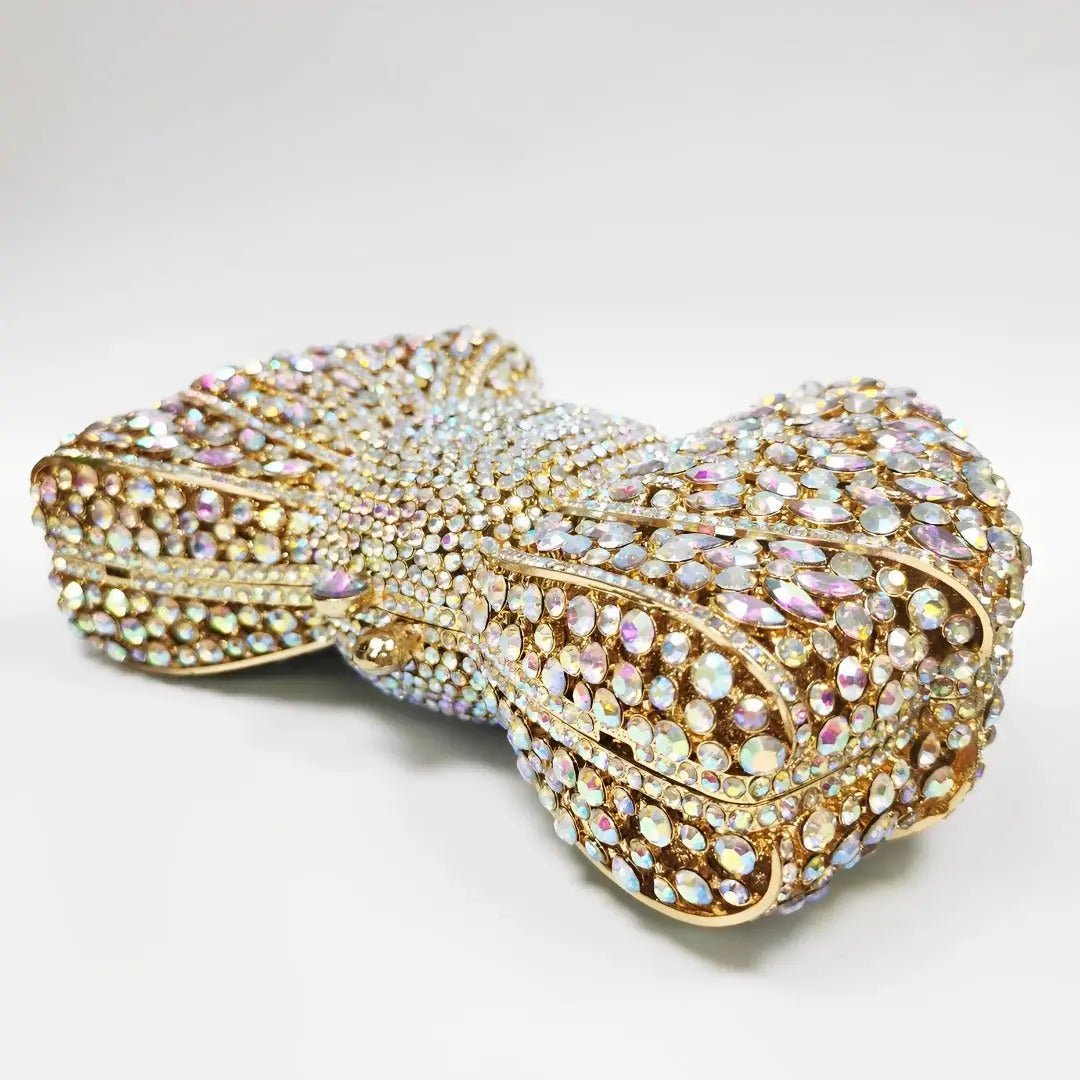 Lumière | Iridescent Crystal Bow Evening Clutch – Radiant Elegance - in Gold | Arvea Bags