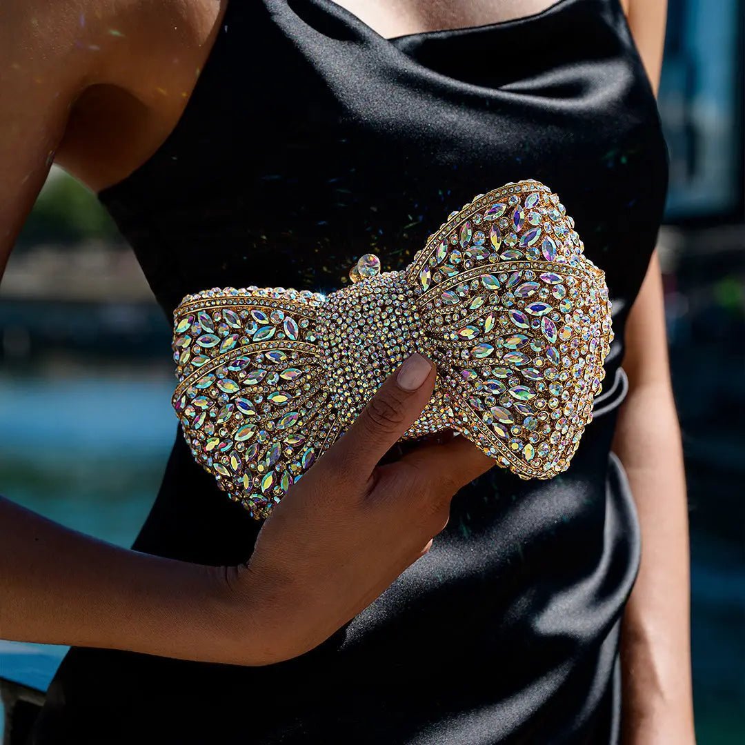 Lumière | Iridescent Crystal Bow Evening Clutch – Radiant Elegance - in Gold | Arvea Bags