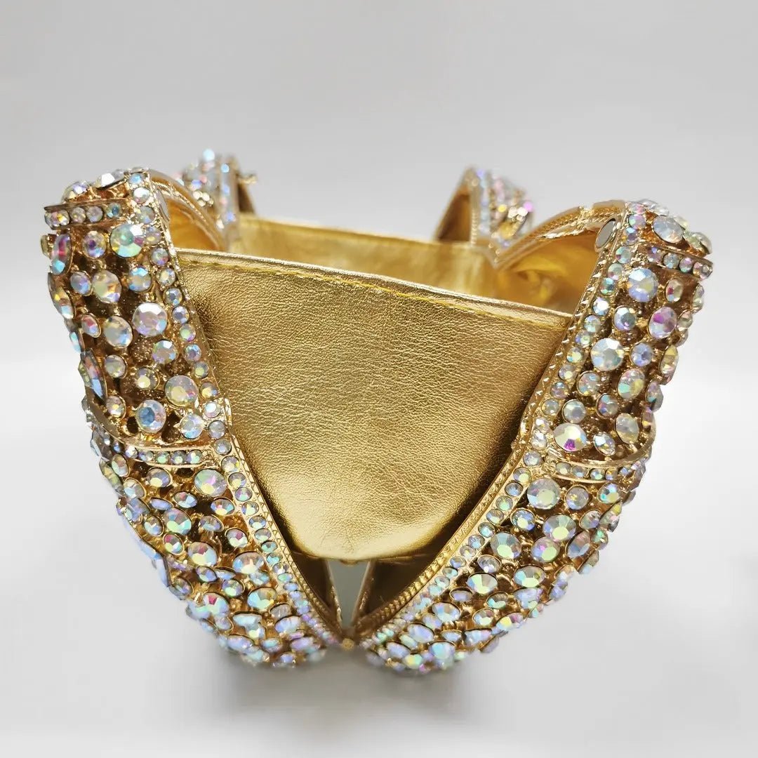Lumière | Iridescent Crystal Bow Evening Clutch – Radiant Elegance - in Gold | Arvea Bags