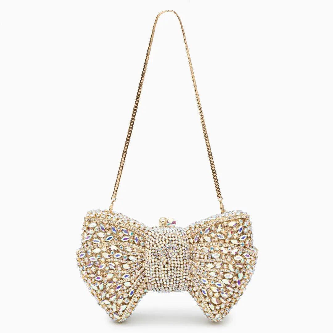 Lumière | Iridescent Crystal Bow Evening Clutch – Radiant Elegance - in Gold | Arvea Bags