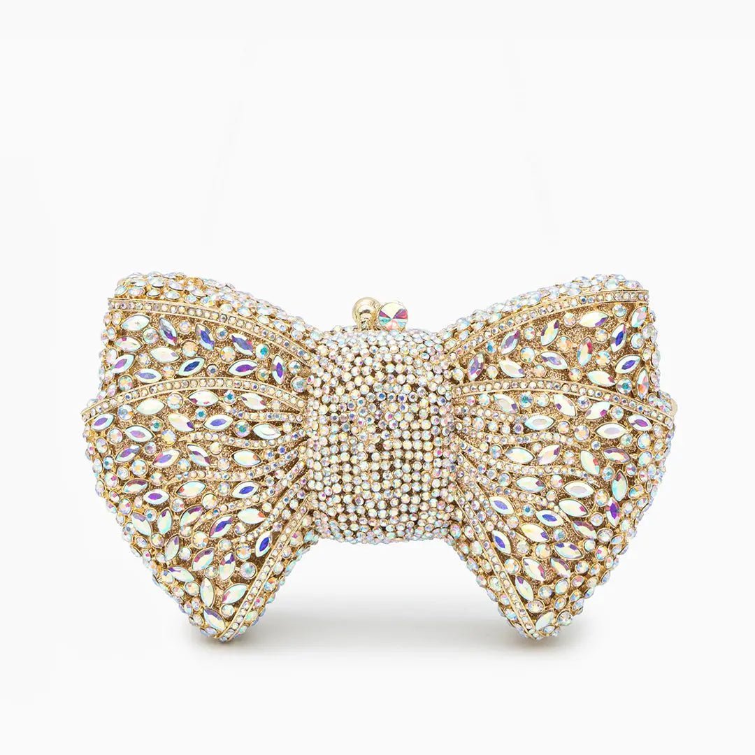 Lumière | Iridescent Crystal Bow Evening Clutch – Radiant Elegance - in Gold | Arvea Bags