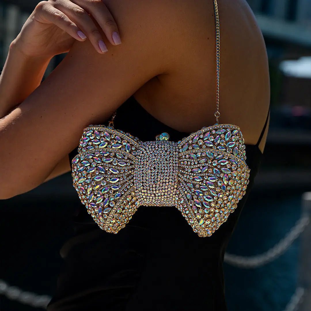Lumière | Iridescent Crystal Bow Evening Clutch – Radiant Elegance - in Gold | Arvea Bags