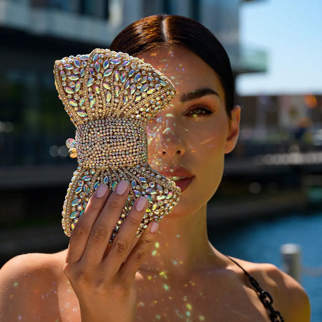 Lumière | Iridescent Crystal Bow Evening Clutch – Radiant Elegance - in Gold | Arvea Bags