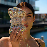 Lumière | Iridescent Crystal Bow Evening Clutch – Radiant Elegance - in Gold | Arvea Bags