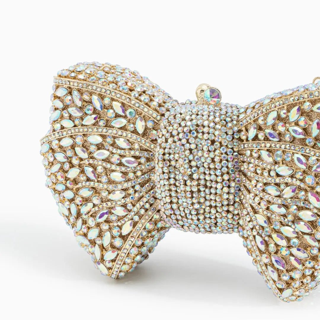 Lumière | Iridescent Crystal Bow Evening Clutch – Radiant Elegance - in Gold | Arvea Bags