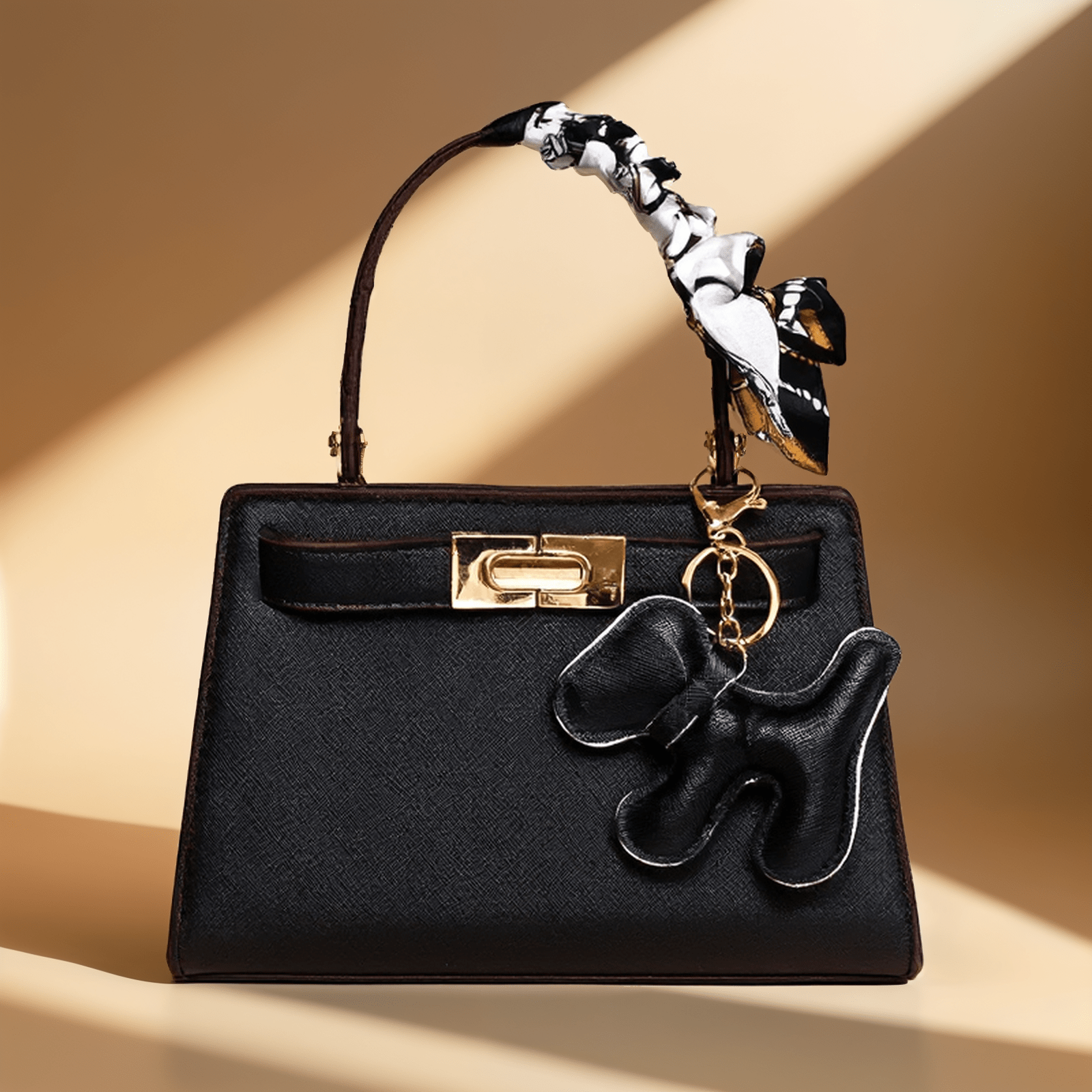 Luna | Black Mini Handbag with Scarf & Charm – Elegant & Playful - in Black | Arvea Bags