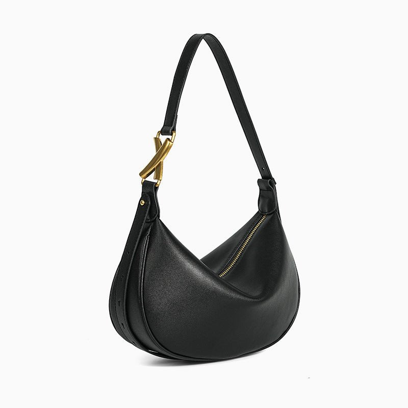 Luna Crescent Shoulder Bag – Black Genuine Leather with Gold Hardware - in Black | Arvea Bags