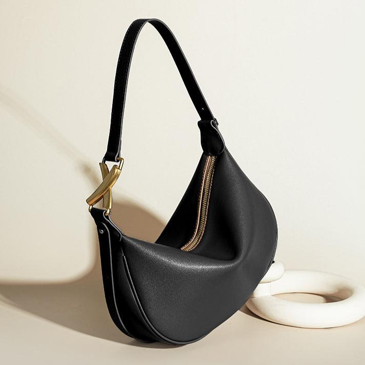 Luna Crescent Shoulder Bag – Black Genuine Leather with Gold Hardware - in Black | Arvea Bags