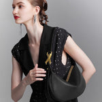 Luna Crescent Shoulder Bag – Black Genuine Leather with Gold Hardware - in Black | Arvea Bags
