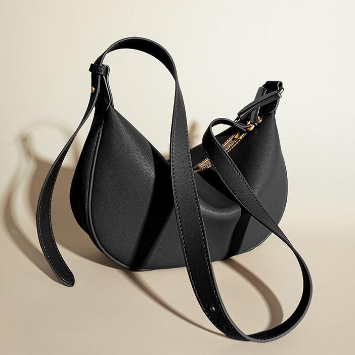 Luna Crescent Shoulder Bag – Black Genuine Leather with Gold Hardware - in Black | Arvea Bags