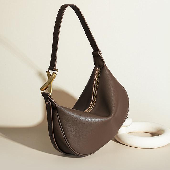 Luna Crescent Shoulder Bag – Black Genuine Leather with Gold Hardware - in Dark Brown | Arvea Bags