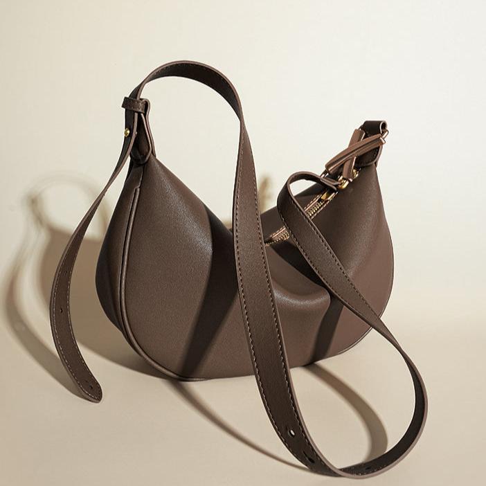 Luna Crescent Shoulder Bag – Black Genuine Leather with Gold Hardware - in Dark Brown | Arvea Bags