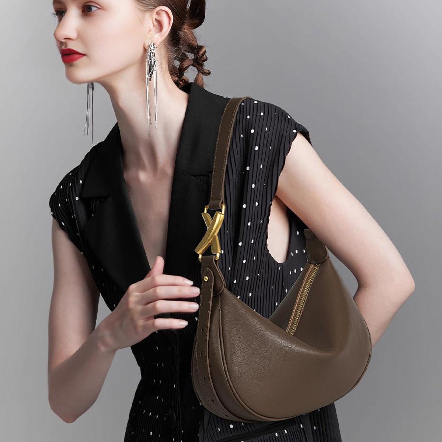 Luna Crescent Shoulder Bag – Black Genuine Leather with Gold Hardware - in Dark Brown | Arvea Bags