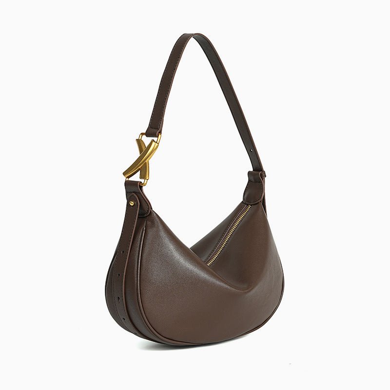Luna Crescent Shoulder Bag – Black Genuine Leather with Gold Hardware - in Dark Brown | Arvea Bags