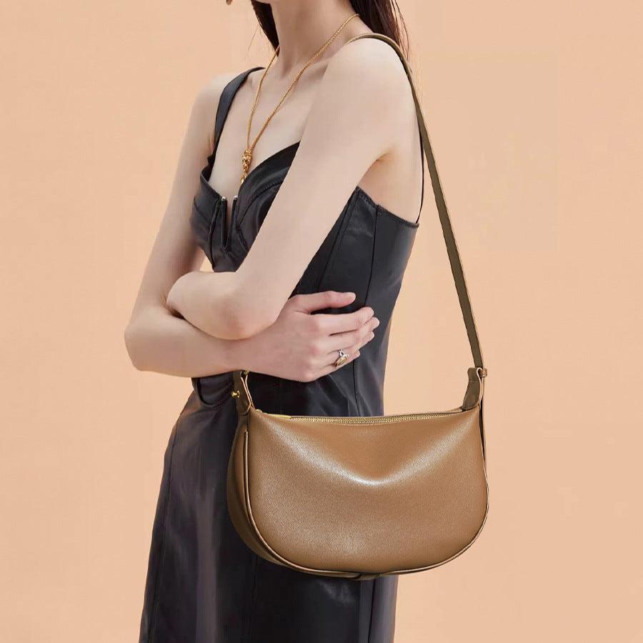 Luna Crescent Shoulder Bag – Black Genuine Leather with Gold Hardware - in Deep Brown | Arvea Bags