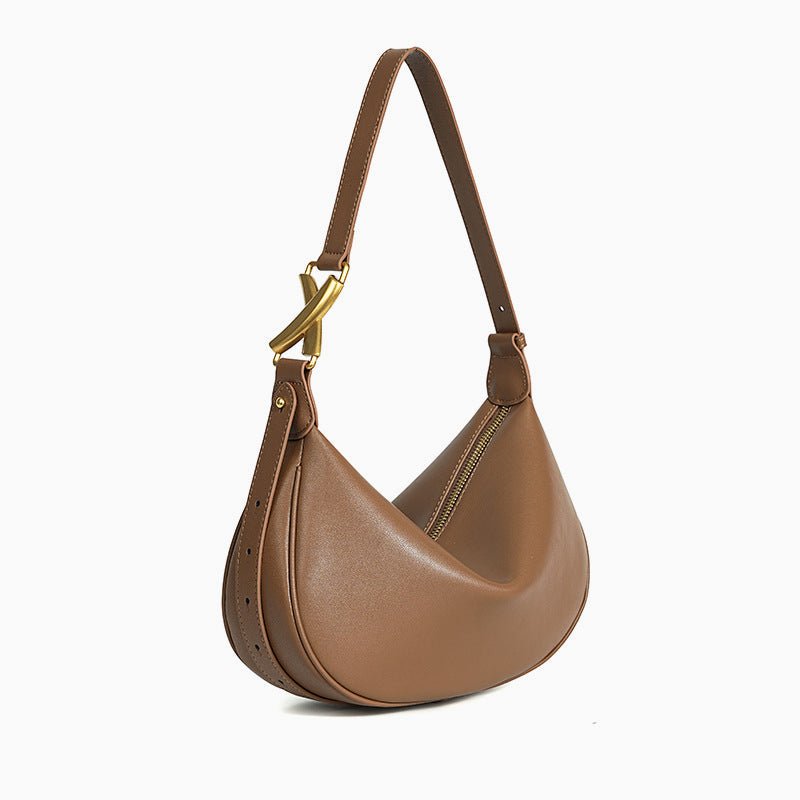 Luna Crescent Shoulder Bag – Black Genuine Leather with Gold Hardware - in Deep Brown | Arvea Bags