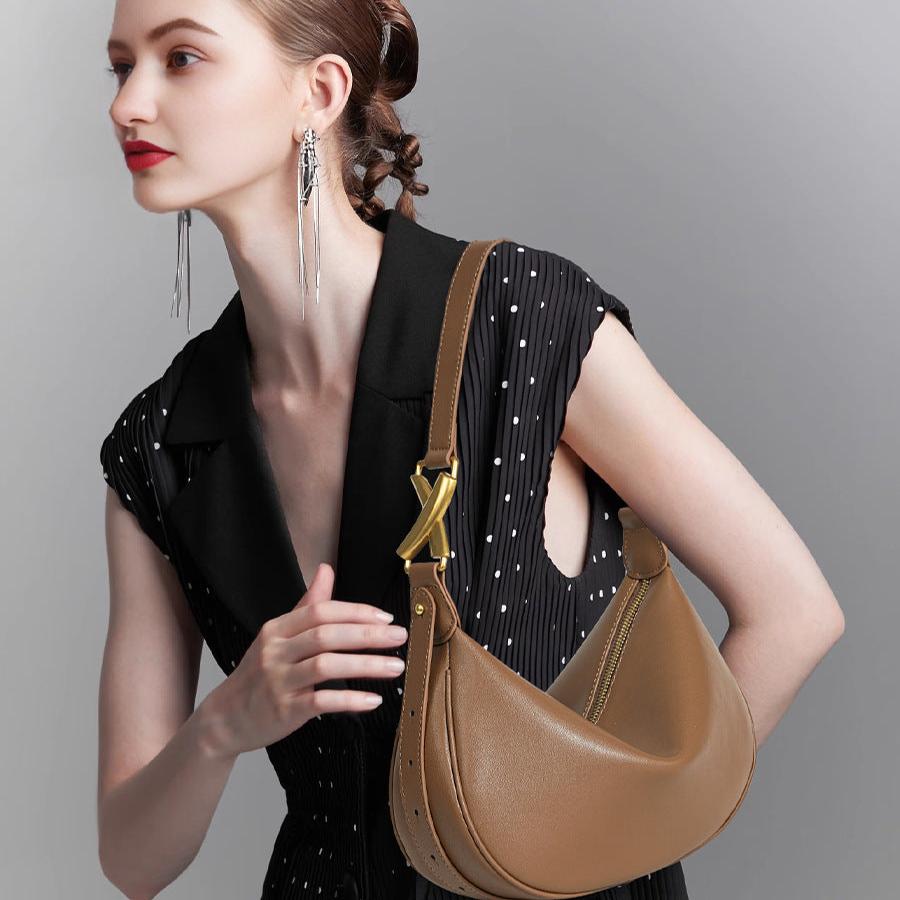 Luna Crescent Shoulder Bag – Black Genuine Leather with Gold Hardware - in Deep Brown | Arvea Bags