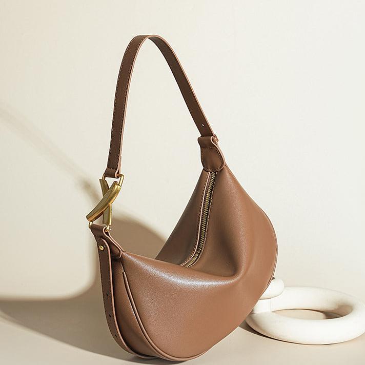 Luna Crescent Shoulder Bag – Black Genuine Leather with Gold Hardware - in Deep Brown | Arvea Bags
