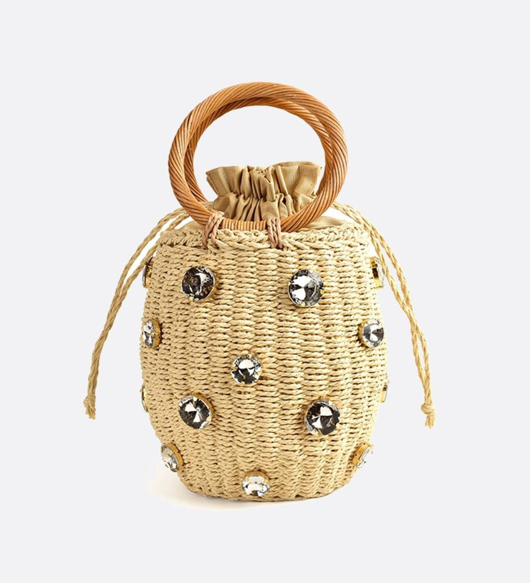 Luna Mini Gem - Embellished Bucket Bag – Woven Handle Purse - in Beige | Arvea Bags
