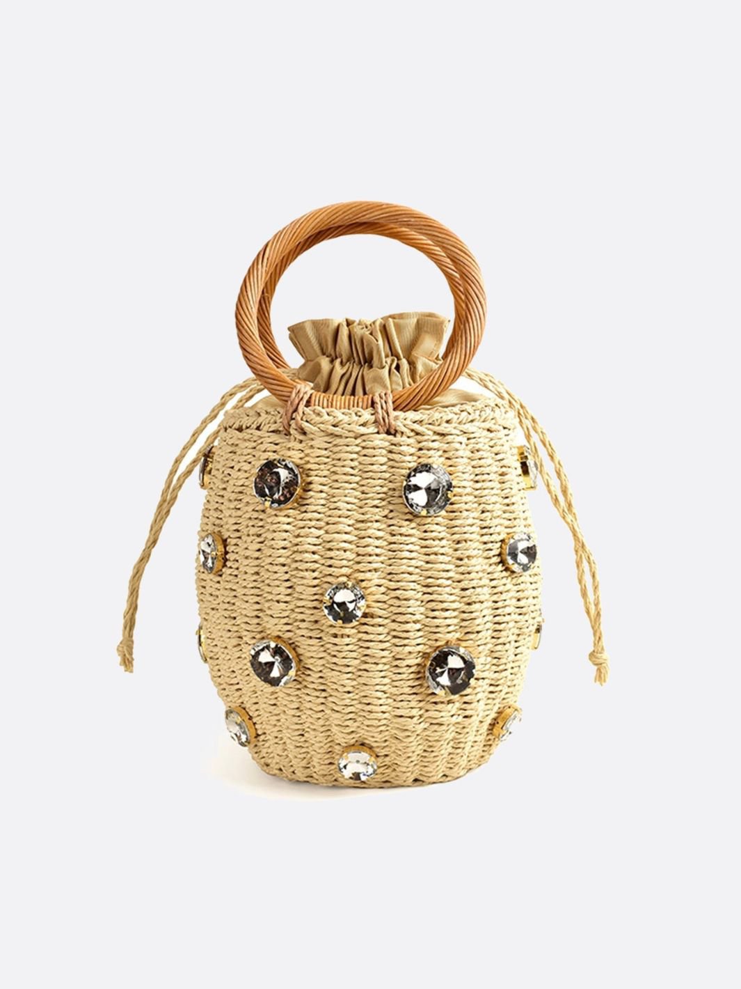 Luna Mini Gem - Embellished Bucket Bag – Woven Handle Purse - in Beige | Arvea Bags