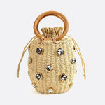 Luna Mini Gem - Embellished Bucket Bag – Woven Handle Purse - in Beige | Arvea Bags