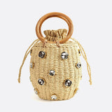 Luna Mini Gem - Embellished Bucket Bag – Woven Handle Purse - in Beige | Arvea Bags