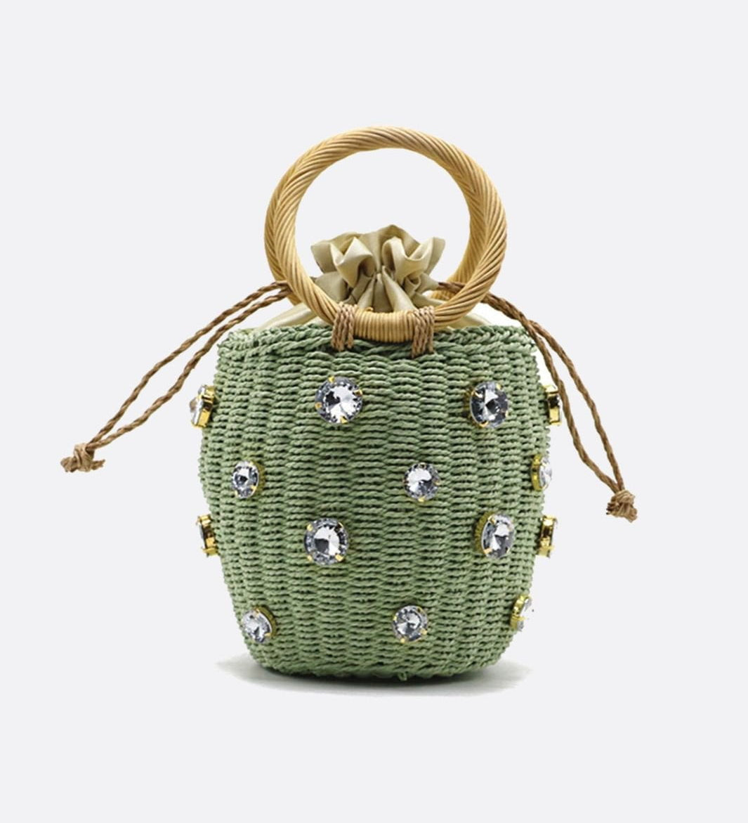 Luna Mini Gem - Embellished Bucket Bag – Woven Handle Purse - in Green | Arvea Bags