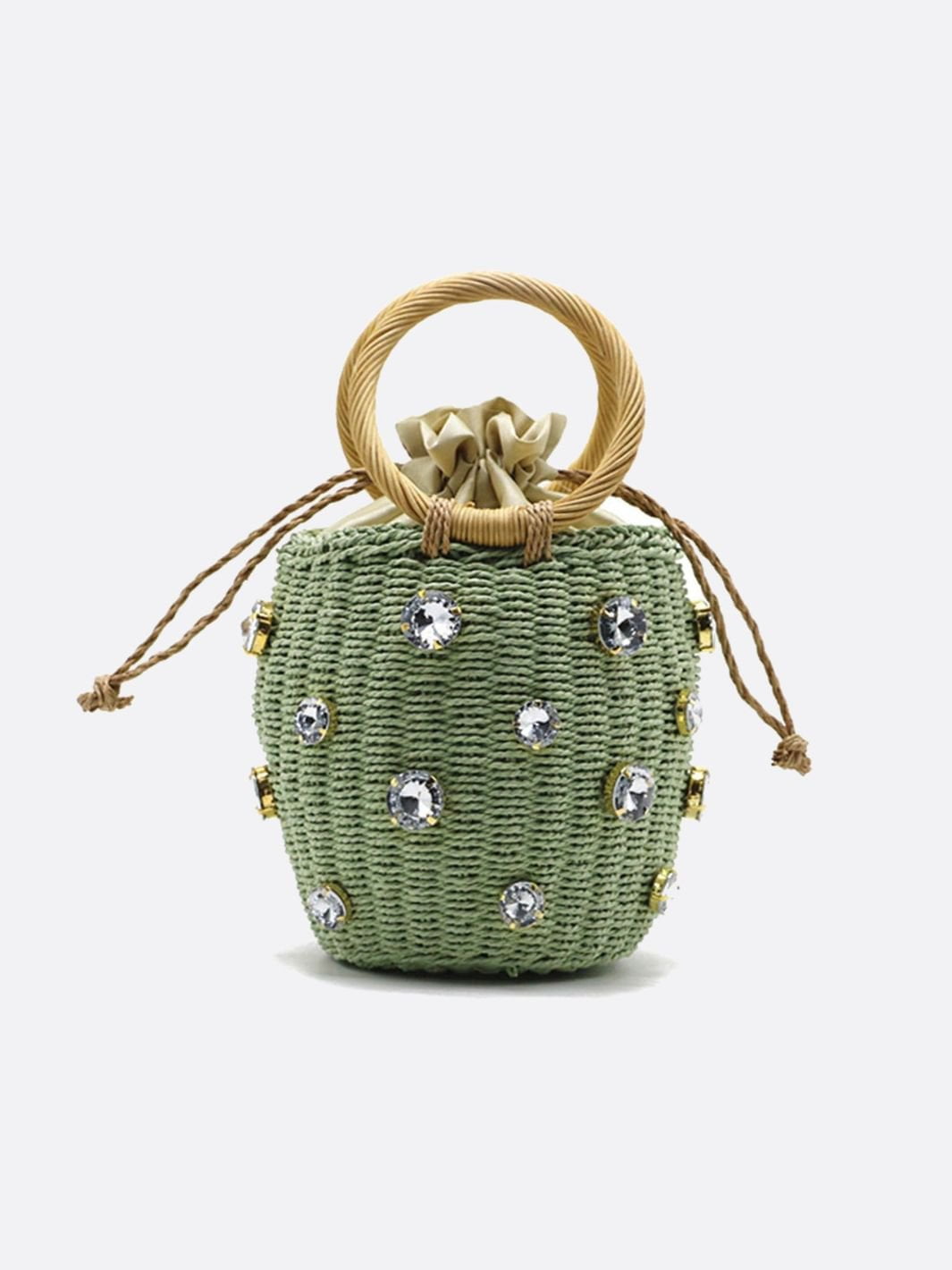Luna Mini Gem - Embellished Bucket Bag – Woven Handle Purse - in Green | Arvea Bags